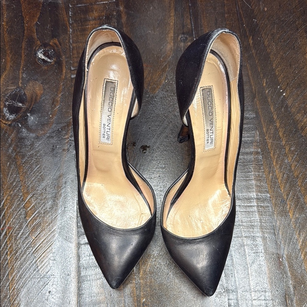 Black Leather Pointed-Toe Heels